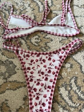 Pink Gingham Trim Floral Bikini Set